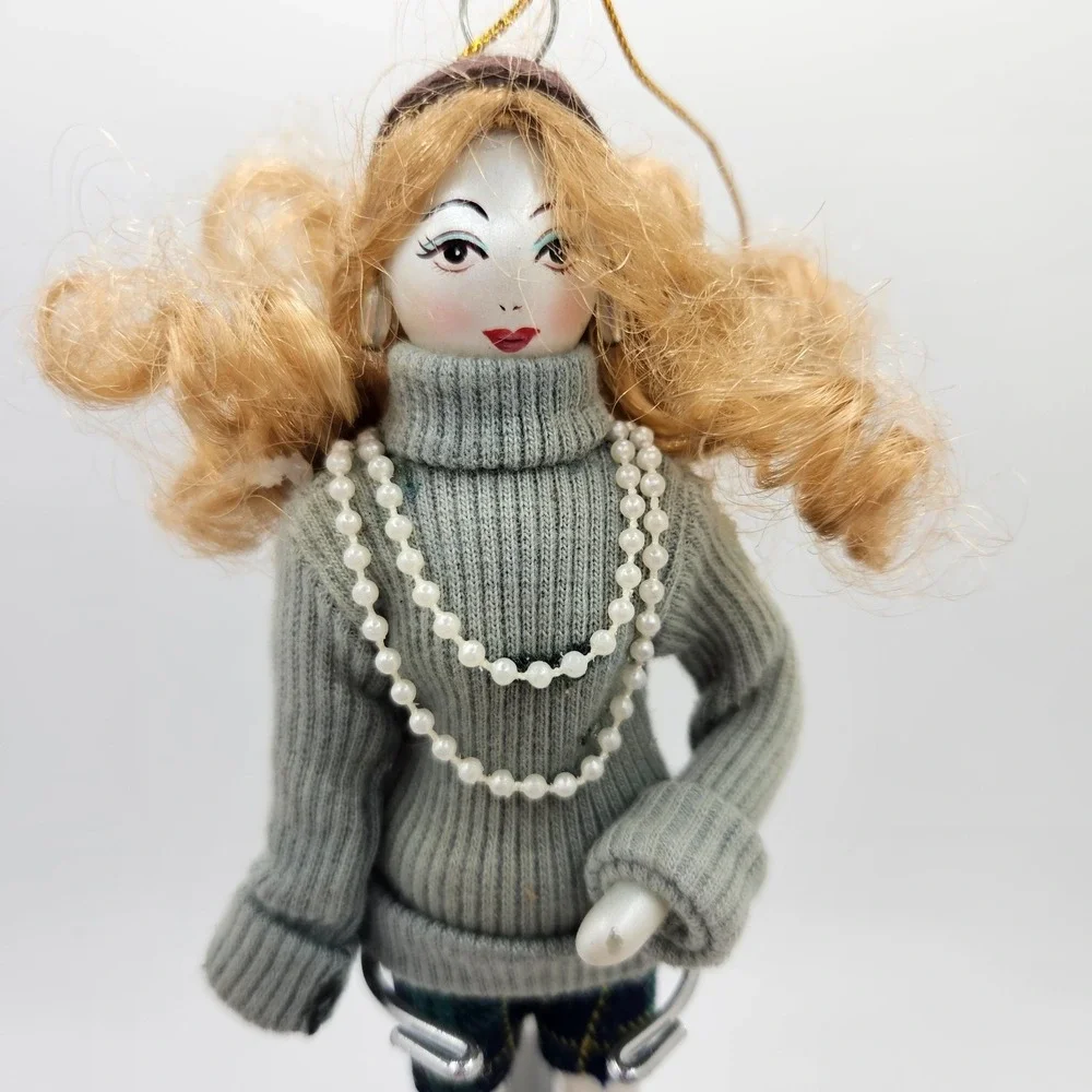 Vintage Porcelain Doll Ornament Blonde Hair Turtleneck Sweater‎ Plaid Skirt 8